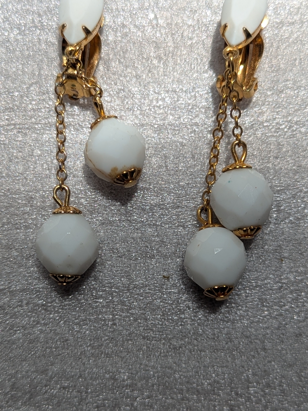 Elegant White Bead Dangle Clip On Earrings - Gold Accents